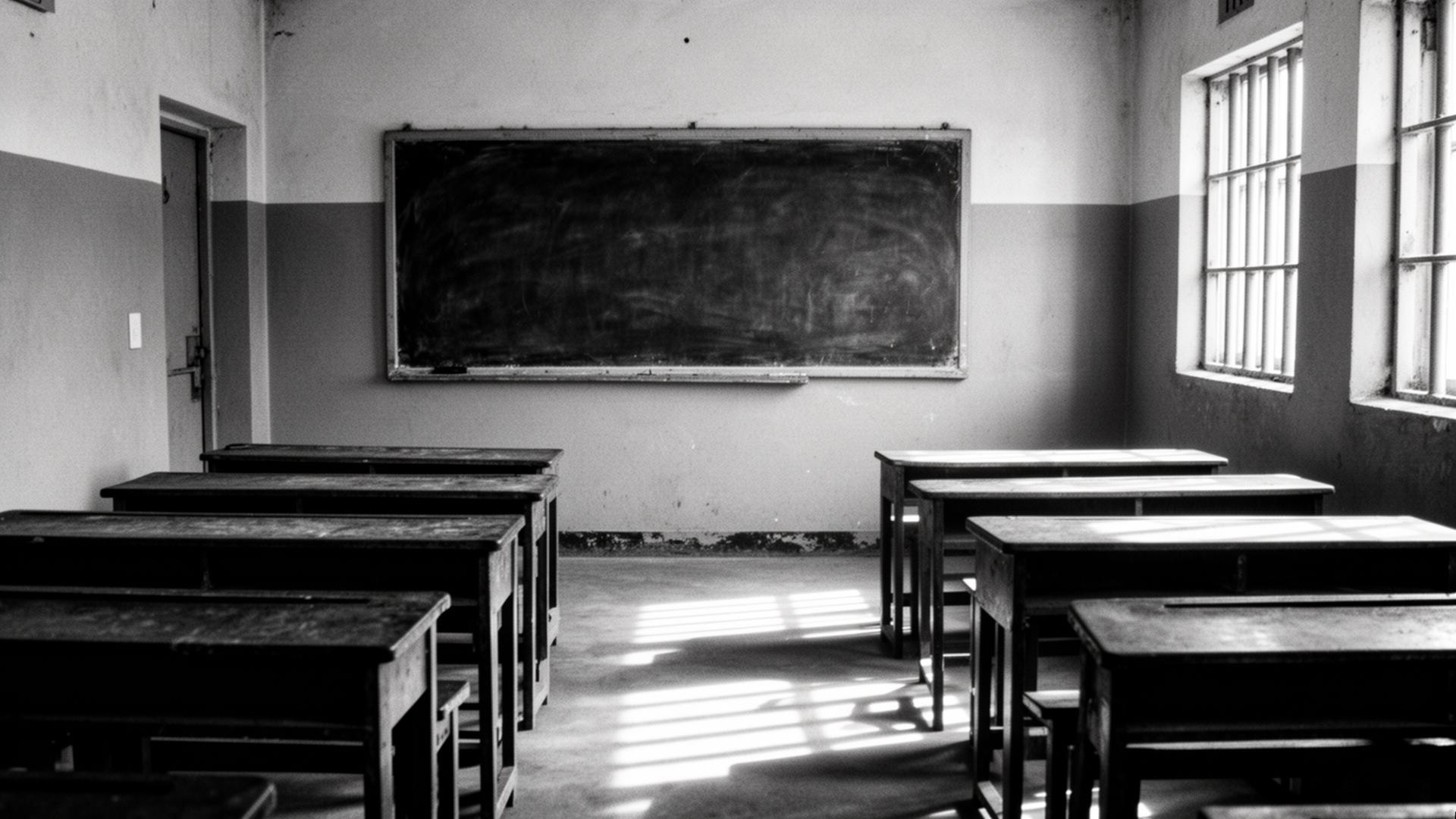 Sala de aula vazia em ambiente prisional, luz natural — fotografia documental.