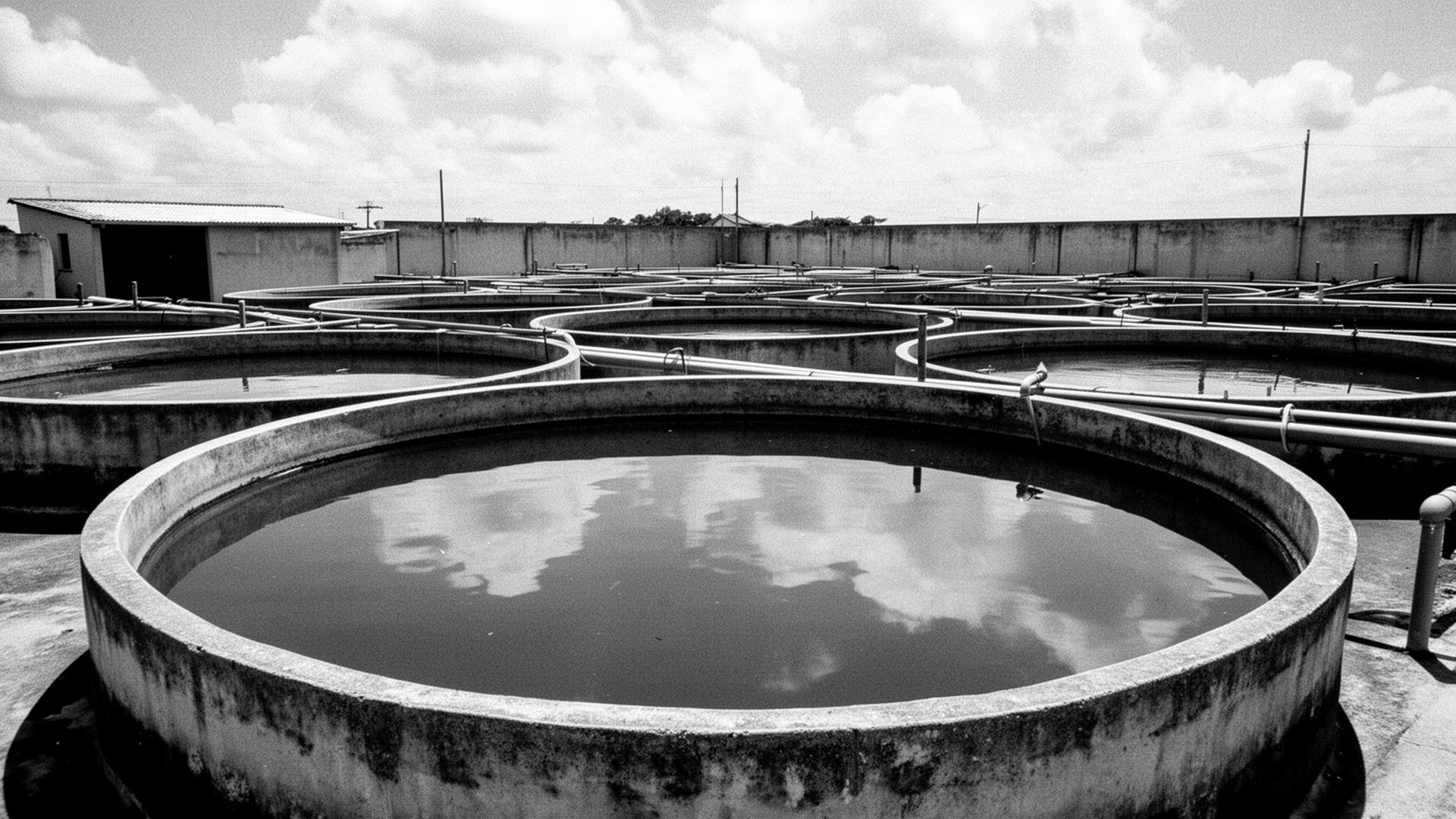 Tanques de piscicultura em unidade produtiva — fotografia documental.